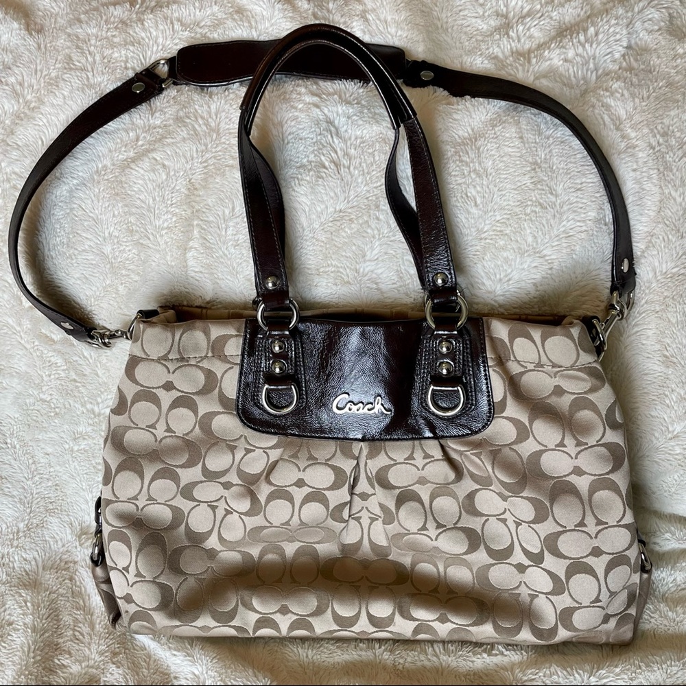 Coach Purse Ashley Signature Brown Carryall Shoulder Bag F15510 Khaki Mahogany